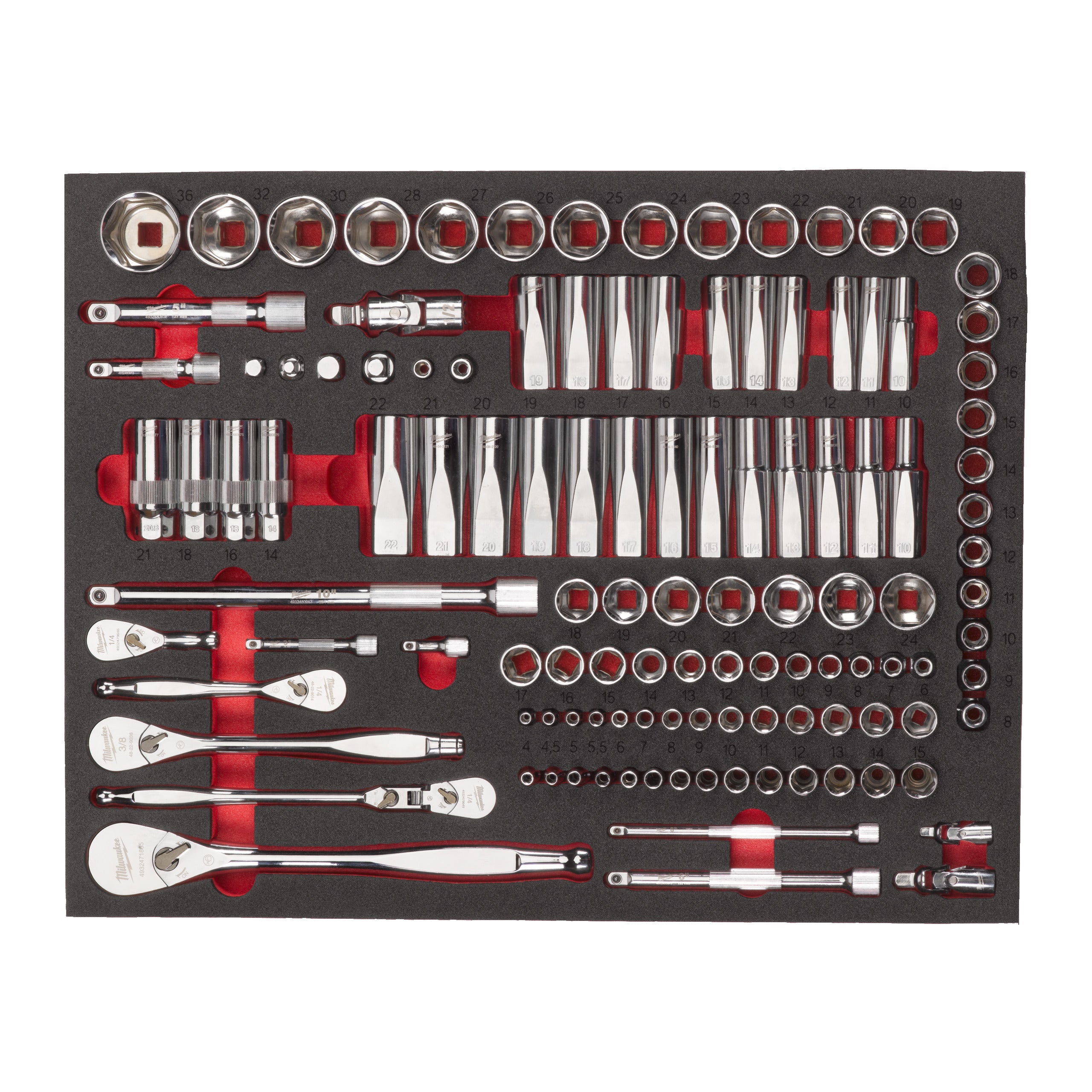 Milwaukee 3/3 espuma con llaves y vasos de 1/4", 3/8" y 1/2"